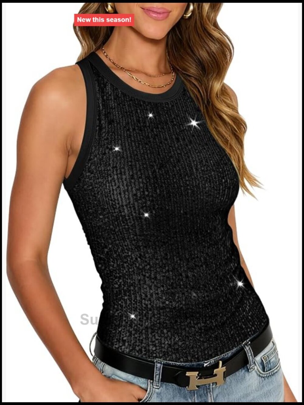 Sequin Tank Top Sparkly Sleeveless Crewneck Blouse